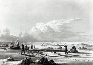 Zimowe podróże po Wielkim Jeziorze Niewolniczym, z „Podróży do Morza Polarnego”, wyryte przez Edwarda Findena (1791-1857)